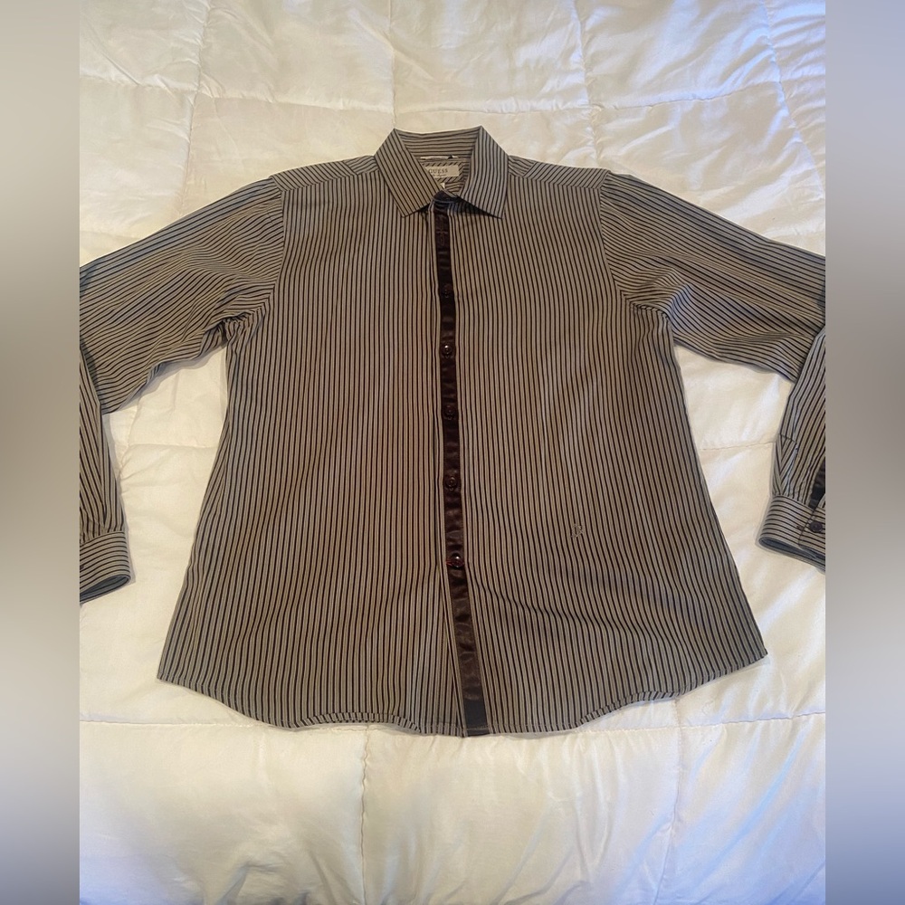 Men's Guess Los Angeles Black & Grey Striped Shirt-Large